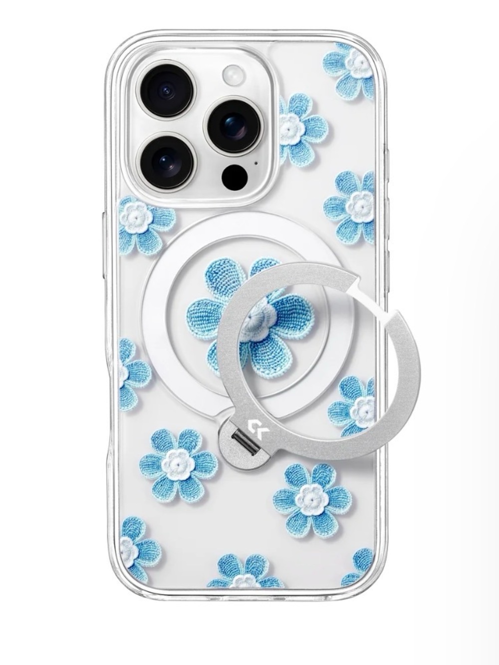 Clear Phone Case with Blue Floral Embroidery and Silver Ring Holder